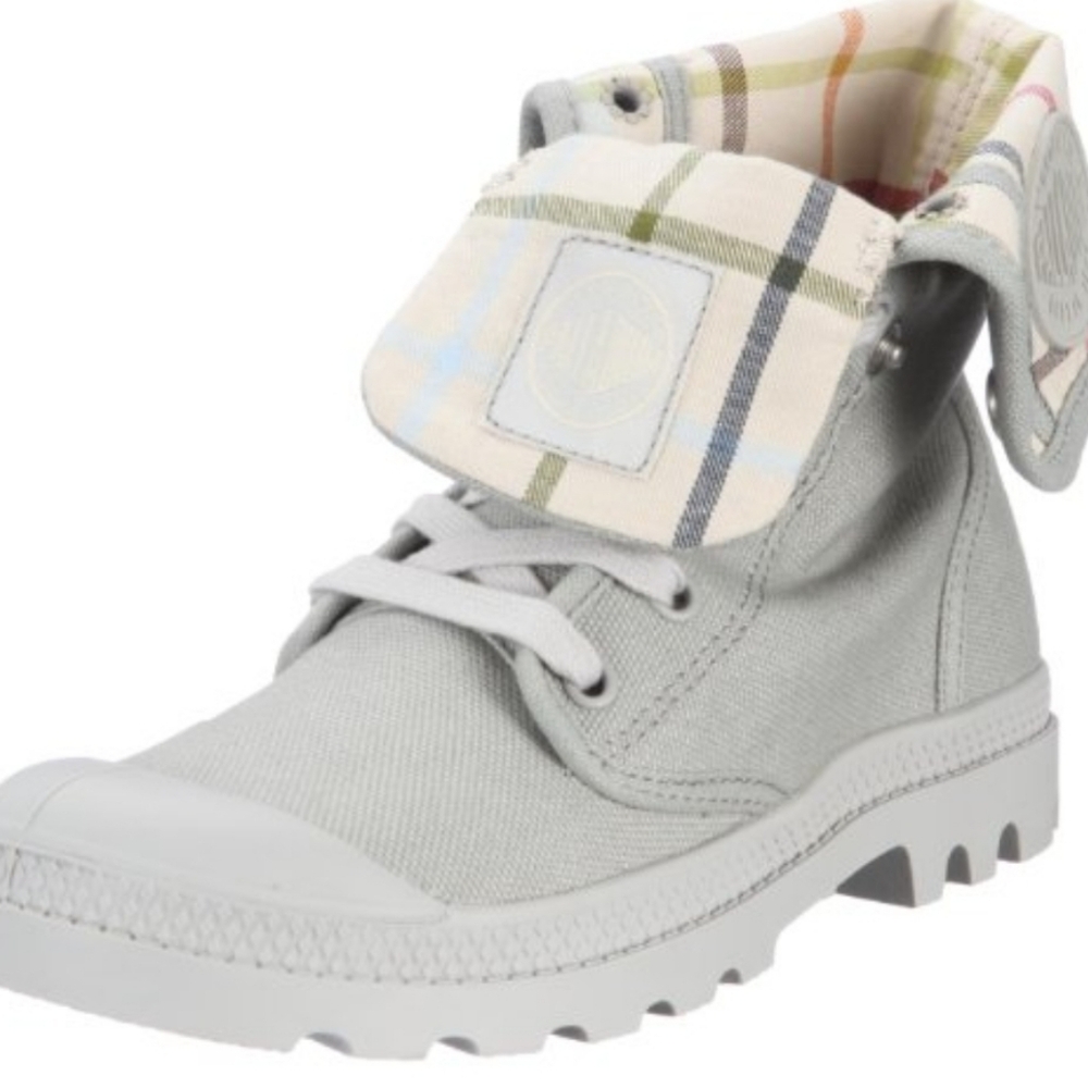 Palladium Gray Combat Boots with Plaid Lining
